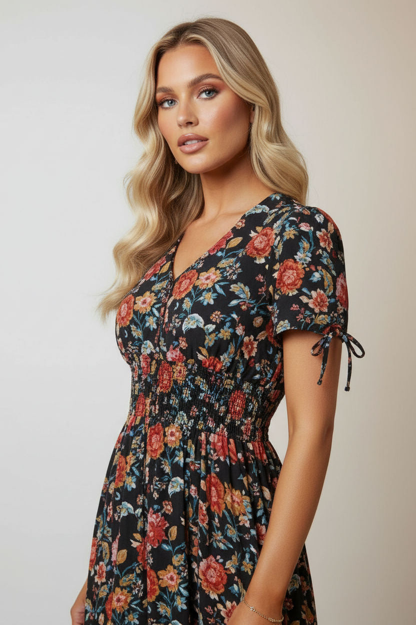 Smocked Floral Midi Dress