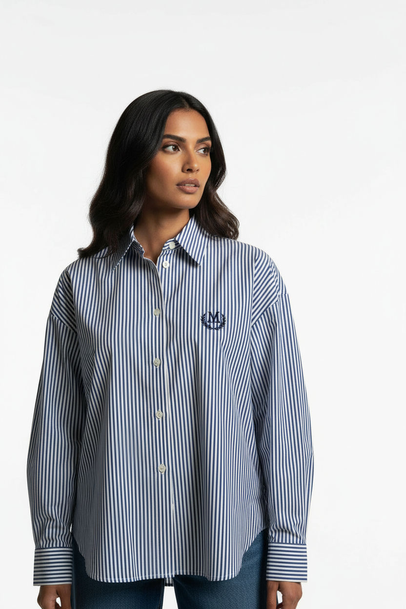 Collared Button-Up Shirt in Navy Stripe