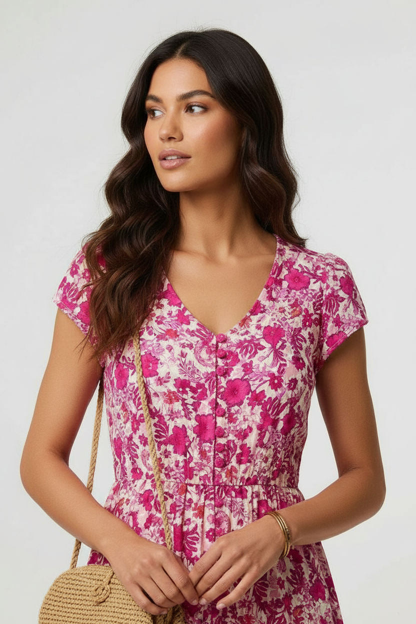Floral V-Neck Button-Front Midi Dress