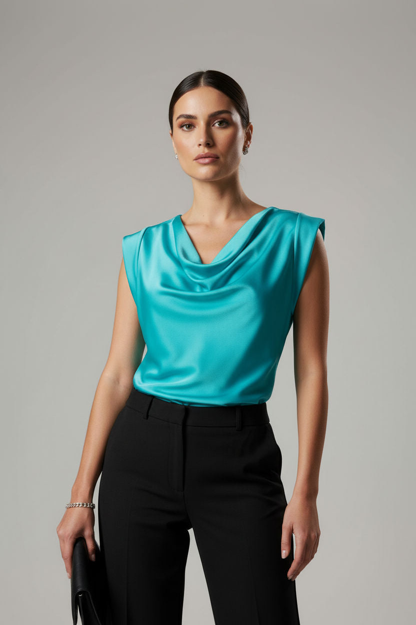 Satin Cowl Neck Cap Sleeve Top