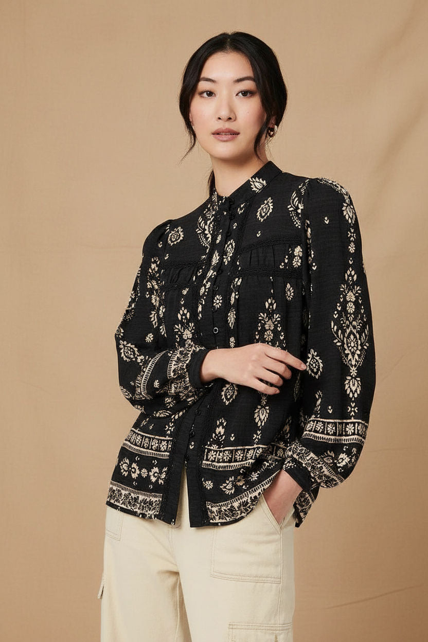 Printed Lace Trim Long Sleeve Blouse in Black