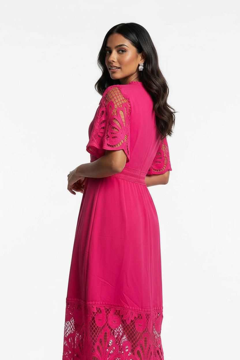 Lace Trim Midi Dress in Pink