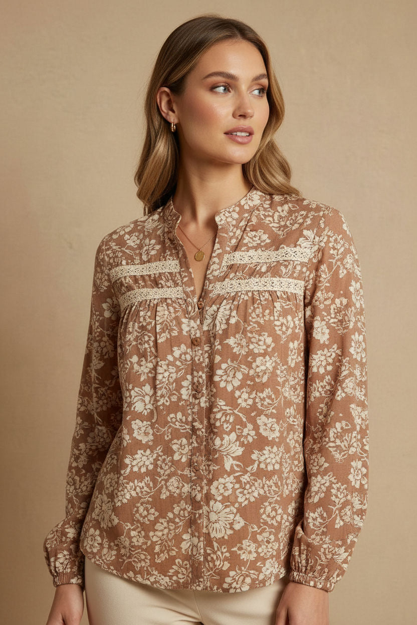 Printed Button-Front Blouse in Beige