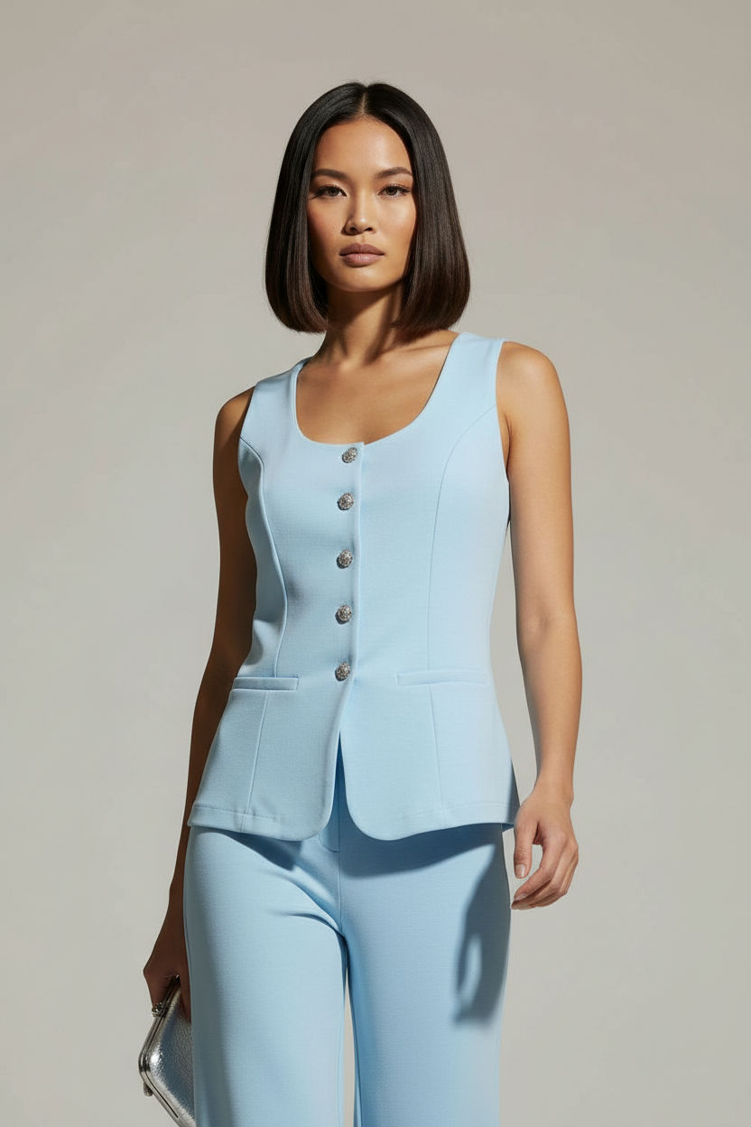 Two Piece Vest and Wide-Leg Pants Set in Baby Blue