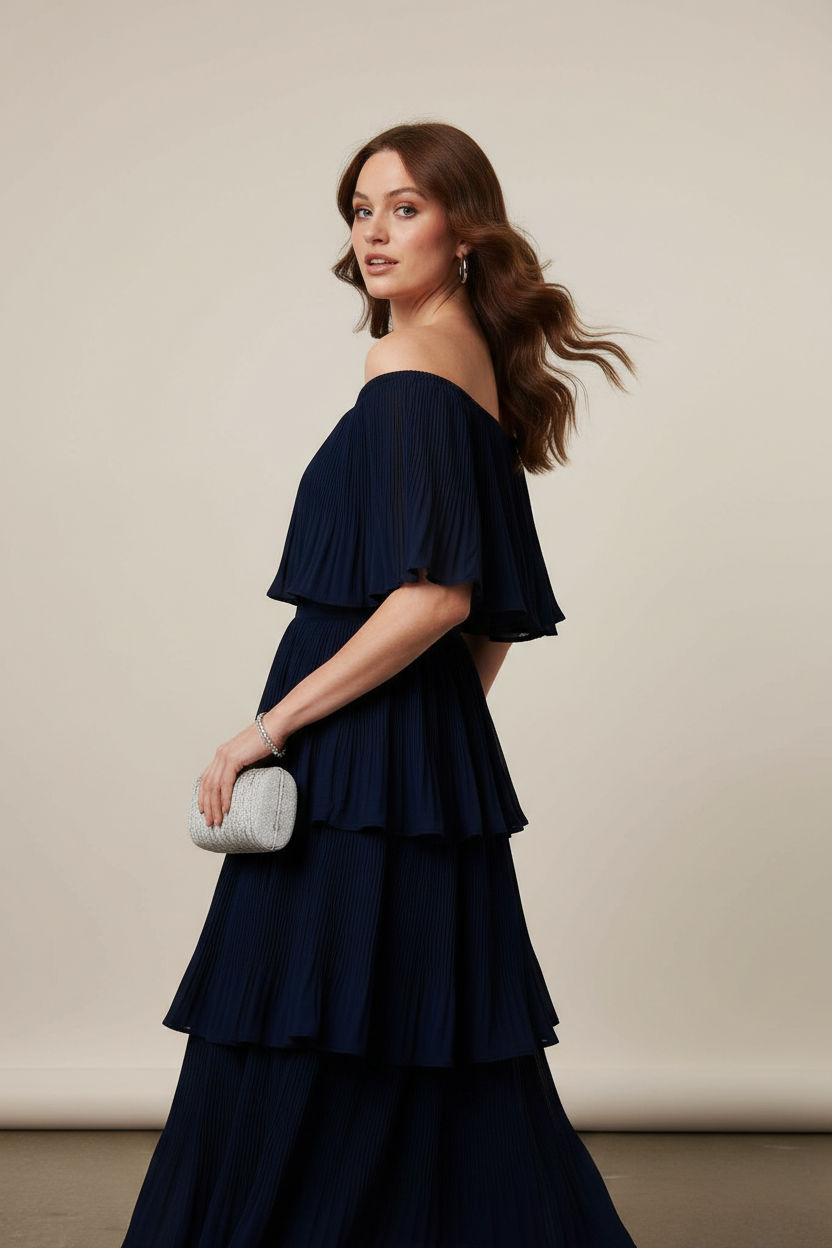 Off-Shoulder Pleated Tiered Midi Dress