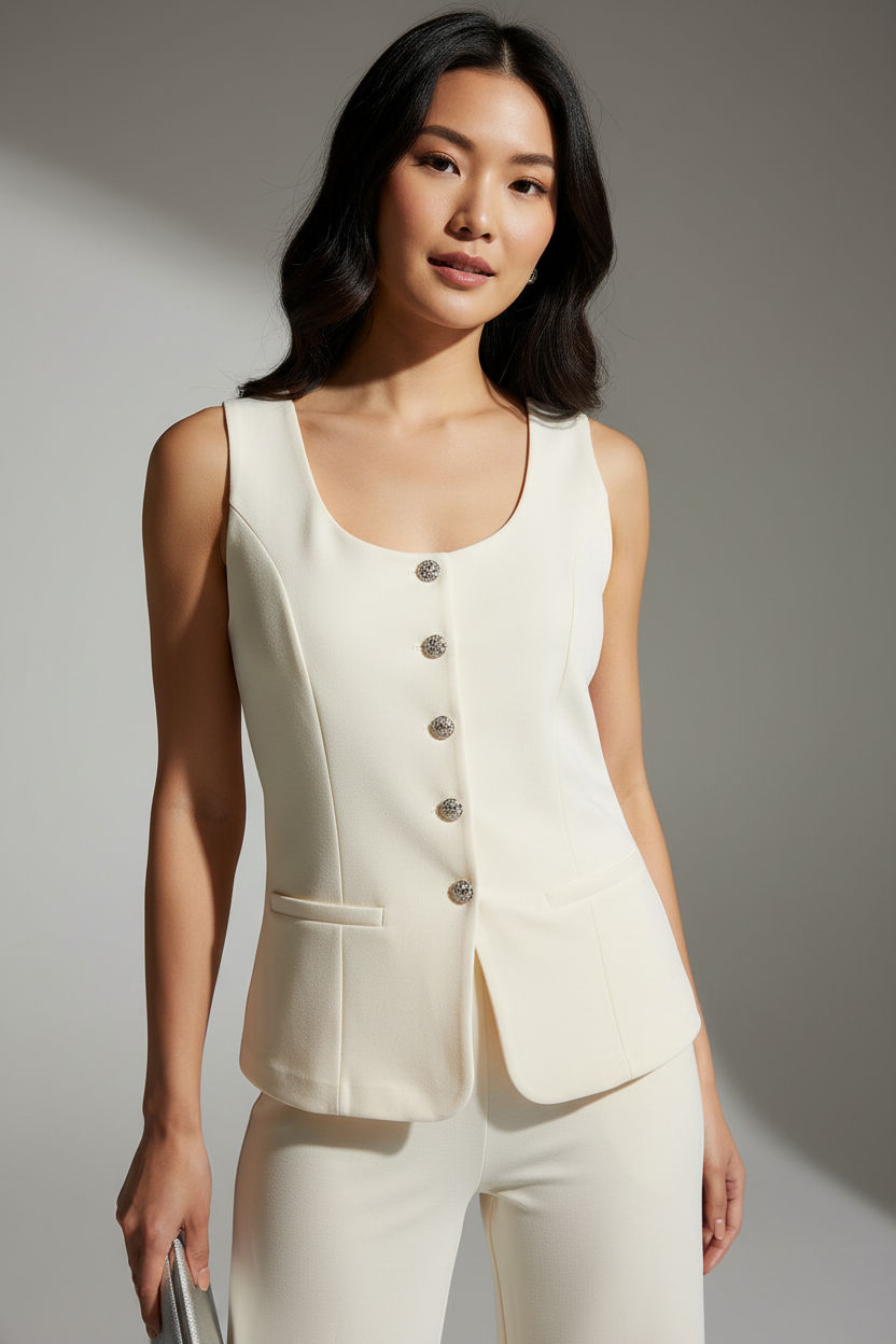 Two Piece Vest and Wide-Leg Pants Set in Cream