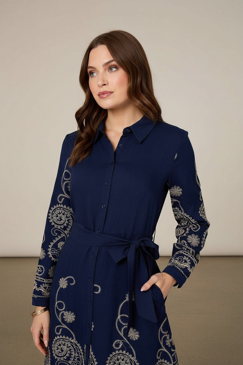 Embroidered Tie-Waist Shirt Dress