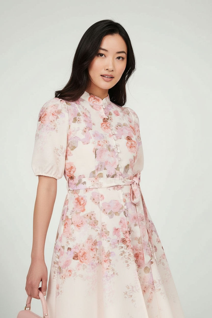Floral Puff-Sleeve Shirt Dress
