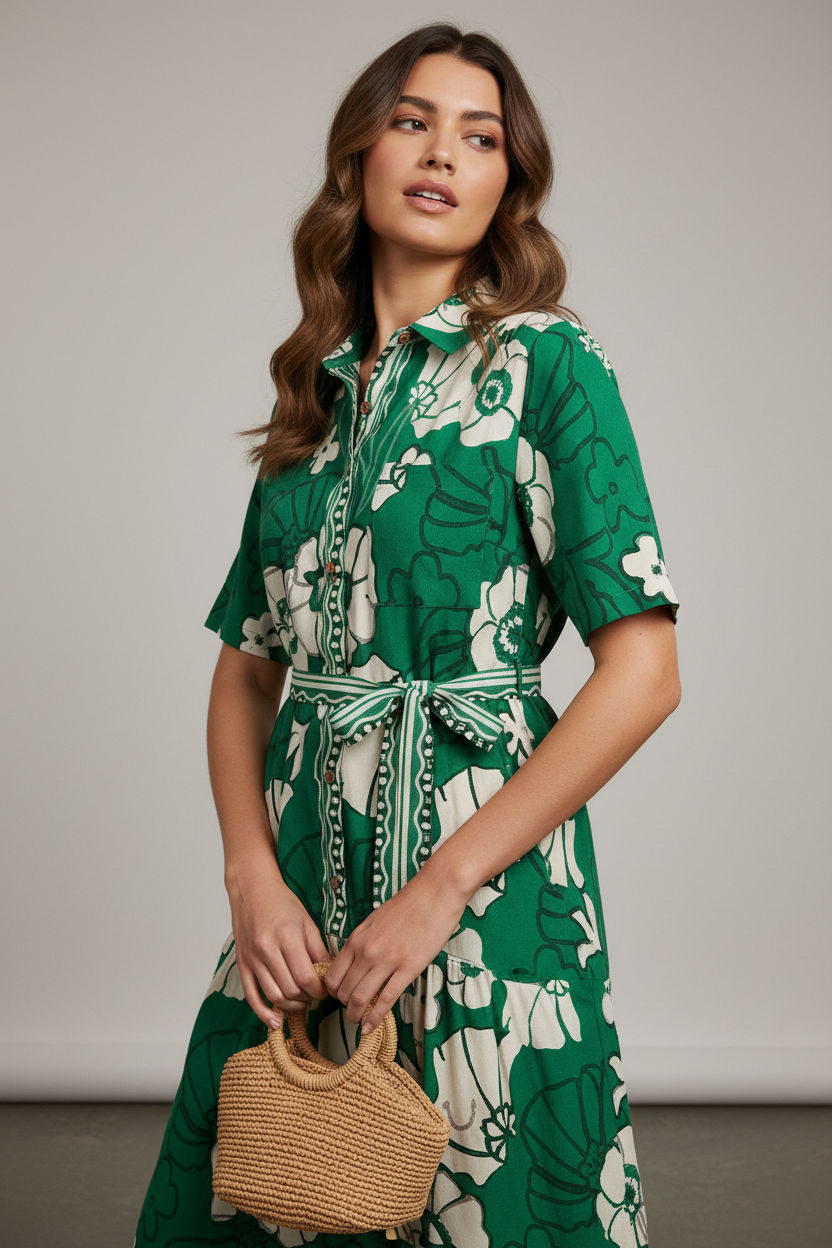 Floral Print Short-Sleeve Maxi Shirt Dress