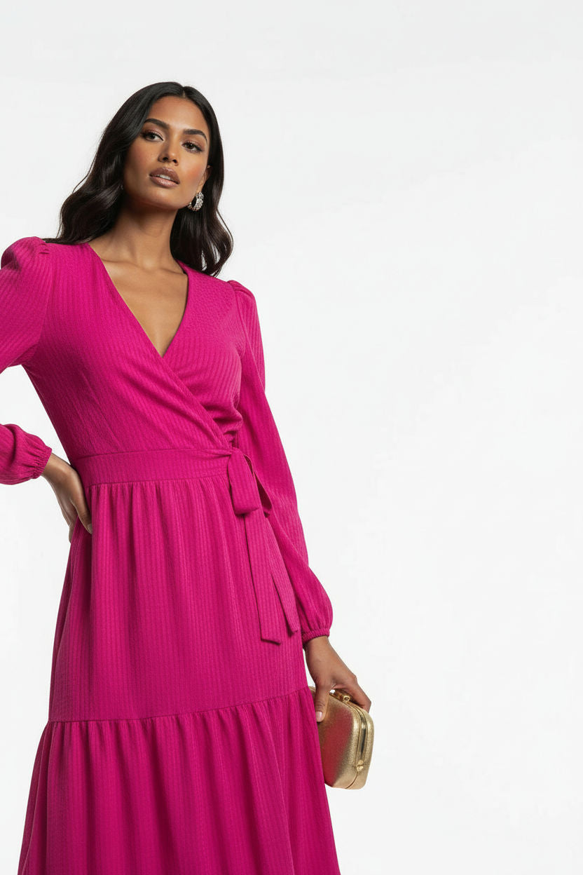 Textured Tiered Wrap Maxi Dress