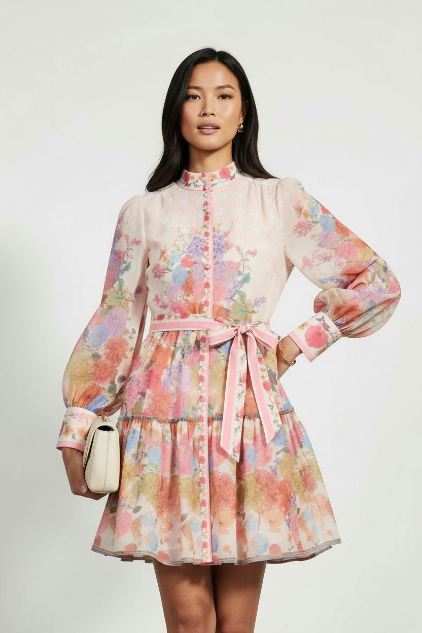 Floral Tiered Mini Shirt Dress