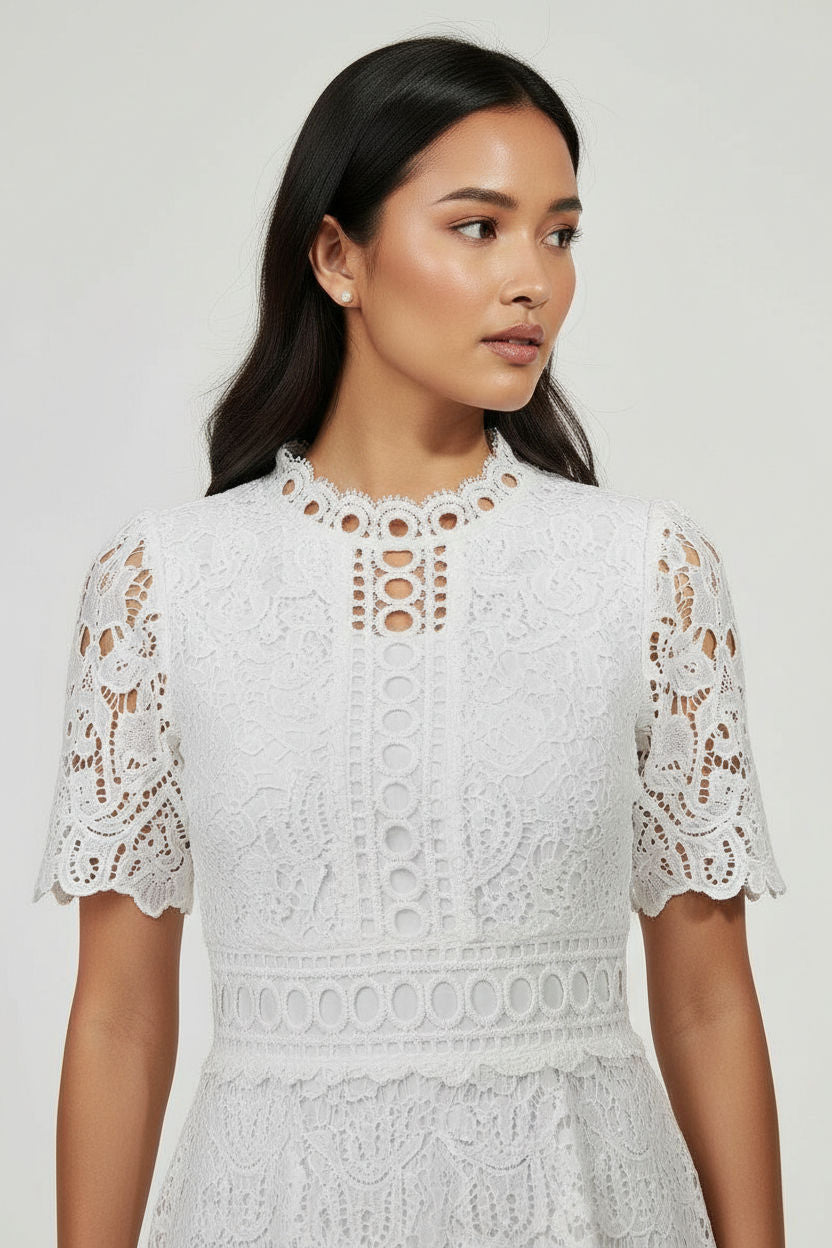 Floral Lace Midi Dress in White