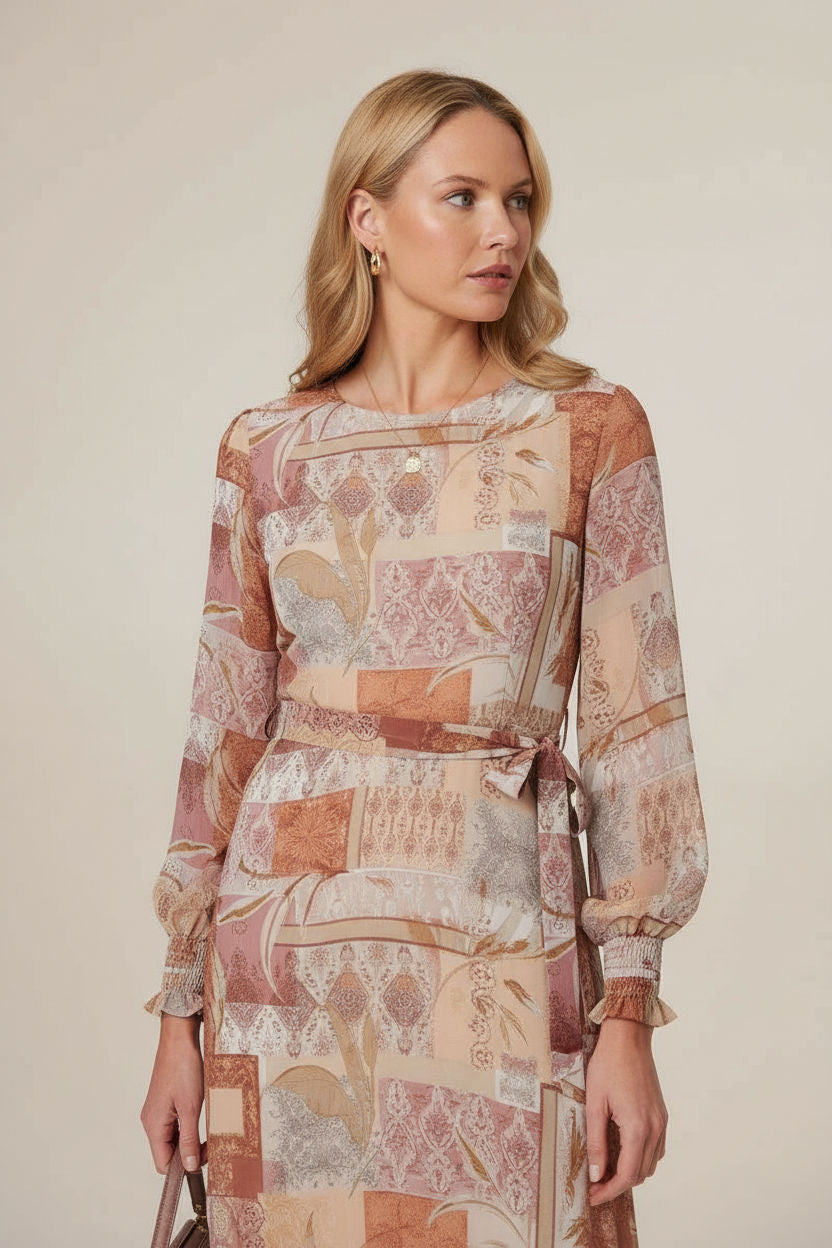 Patchwork Tie Long Sleeve Maxi Dress in Rust