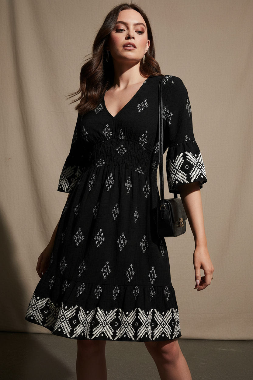 Printed V-neck Knee Length Smock Dress