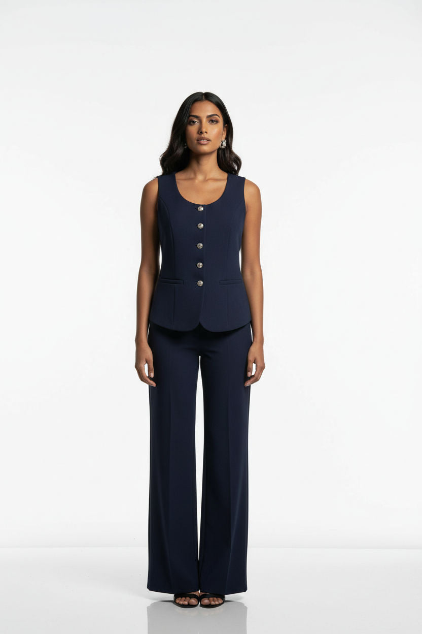 Two Piece Vest and Wide-Leg Pants Set in Navy