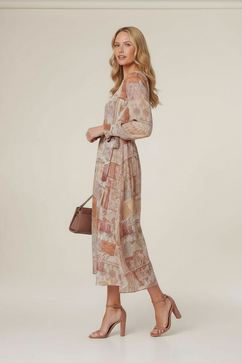 Patchwork Tie Long Sleeve Maxi Dress in Rust