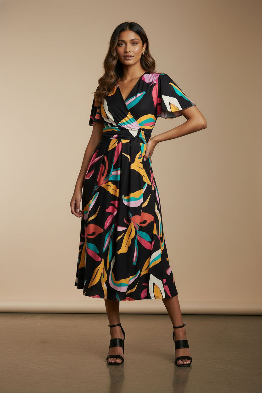 Tropical Print Flutter Sleeve Wrap Midi Dress