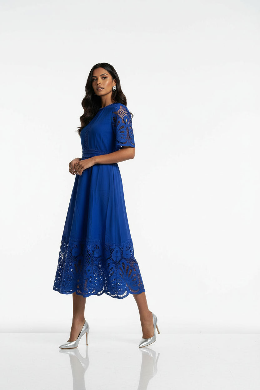 Eyelet Lace Midi Dress in Royal Blue