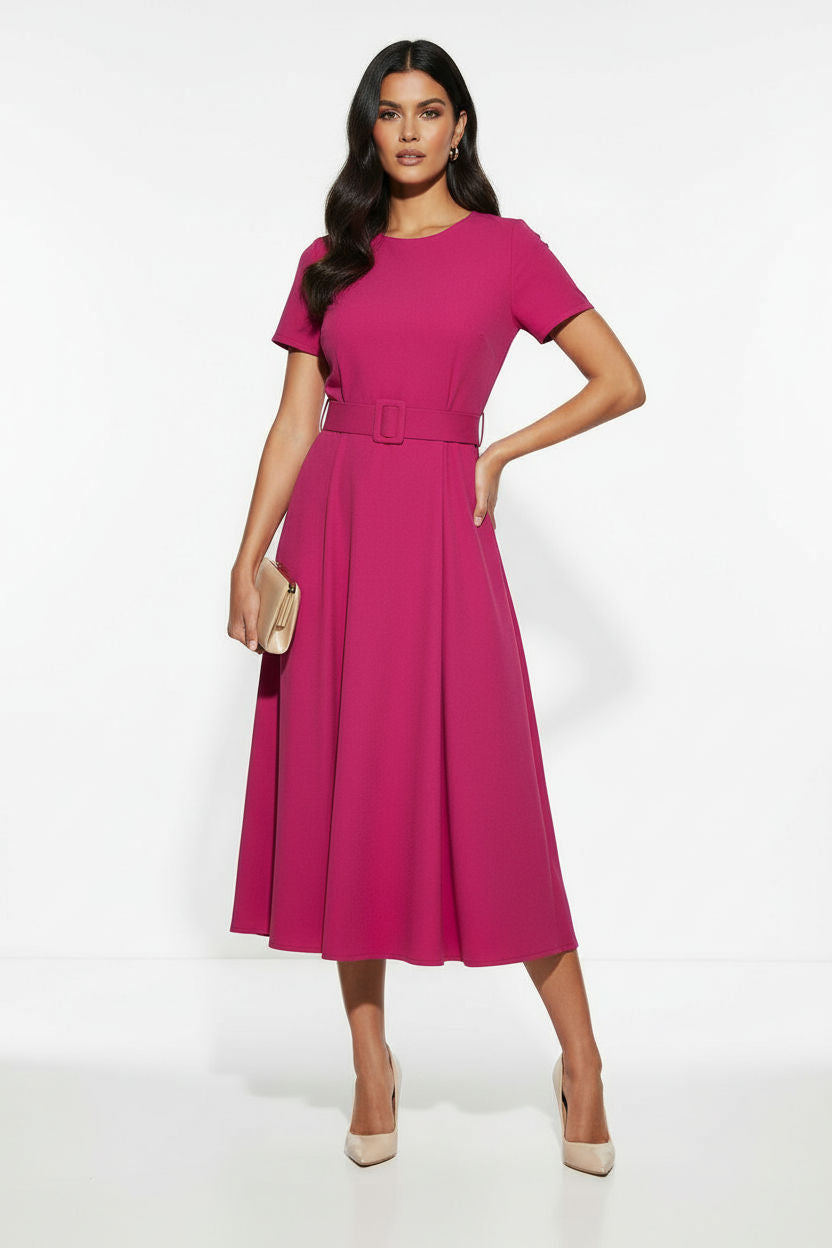 Short-Sleeve Belted Midi Dress in Magenta