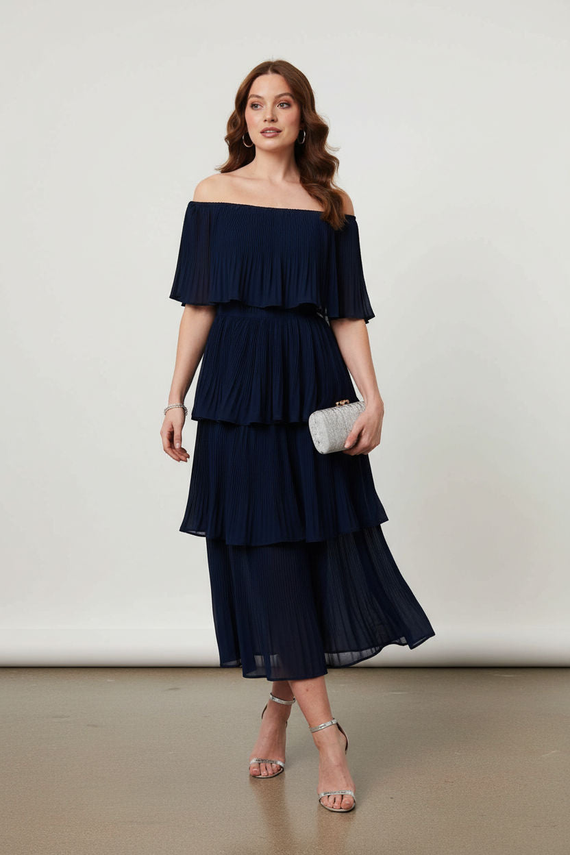 Off-Shoulder Pleated Tiered Midi Dress