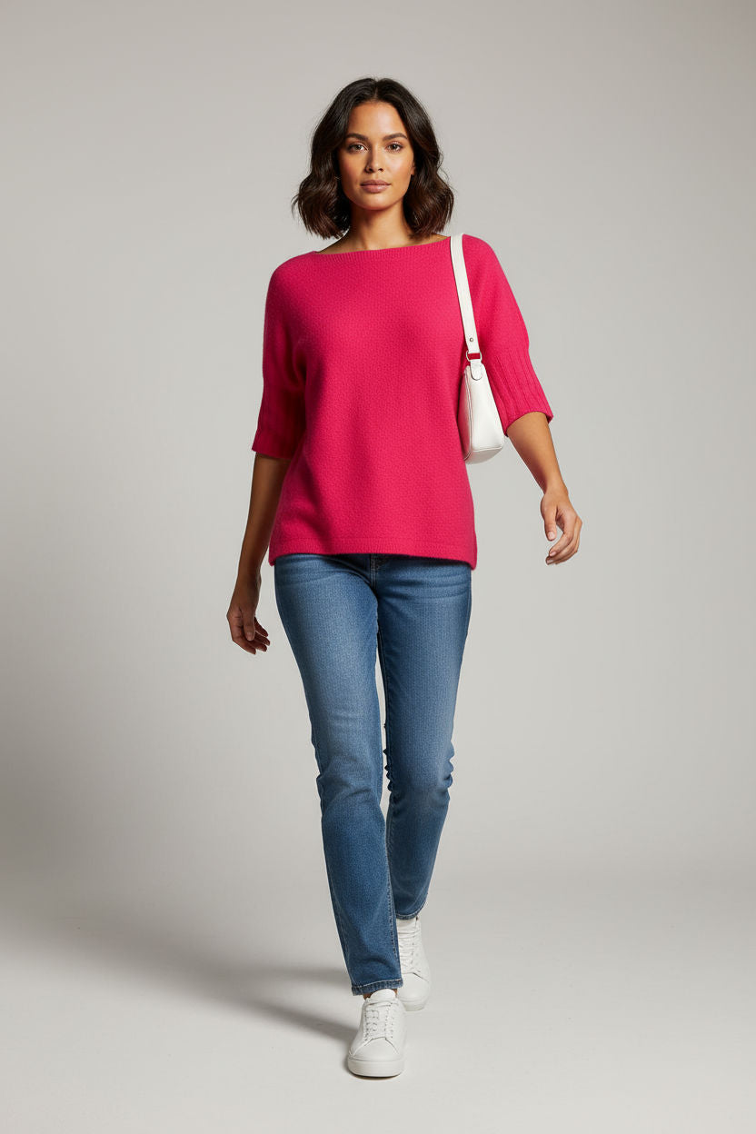 Boat Neck Short Sleeve Knit Sweater