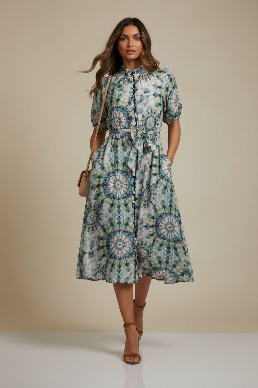 Tie-Dye Print Button-Down Midi Dress