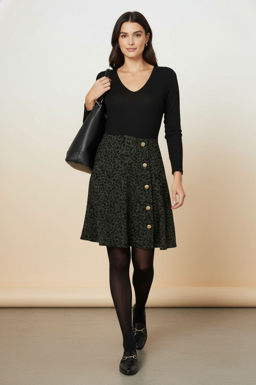 Animal Print Long Sleeve Skater Dress in Black