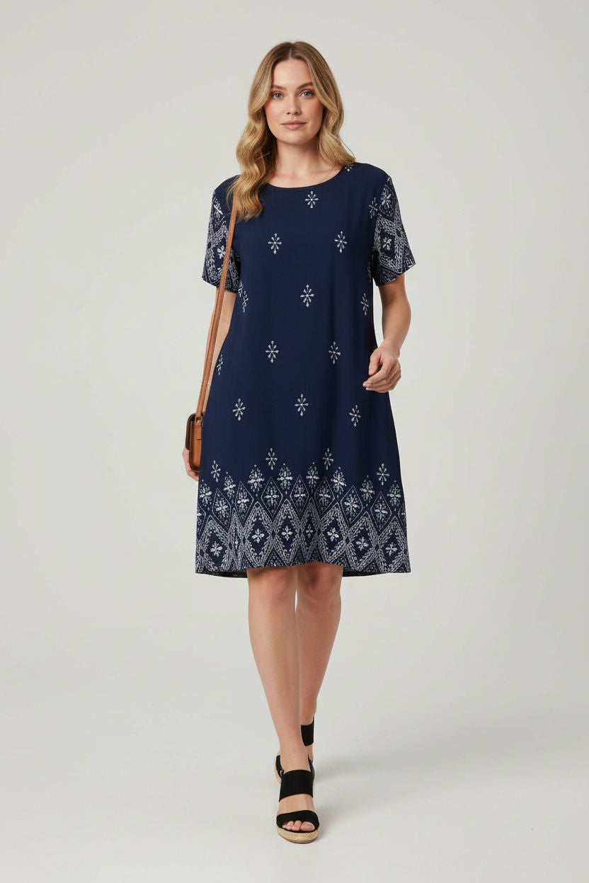 Patterned Short Sleeve Shift Dress