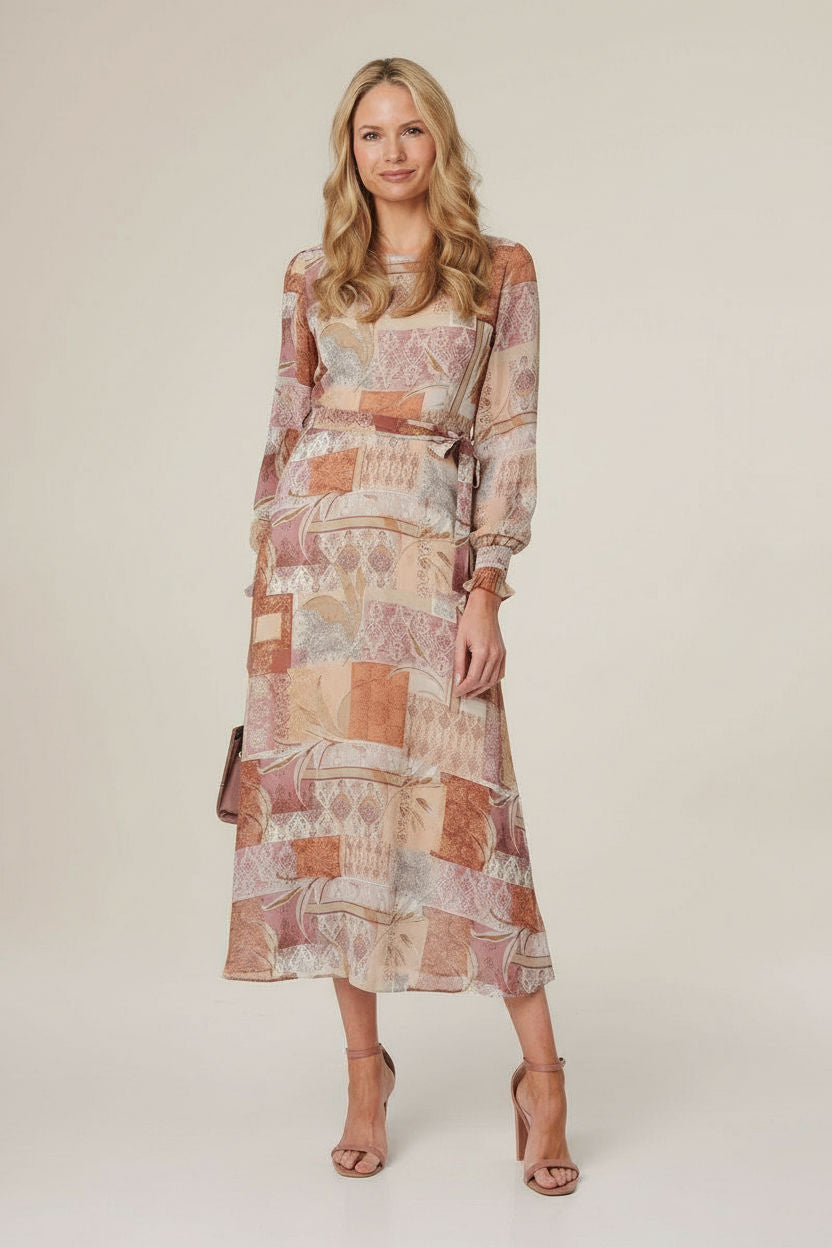 Patchwork Tie Long Sleeve Maxi Dress in Rust