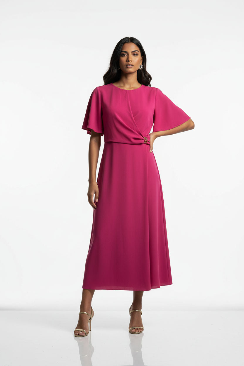 Gold Ring Detail Wrap Front Midi Dress