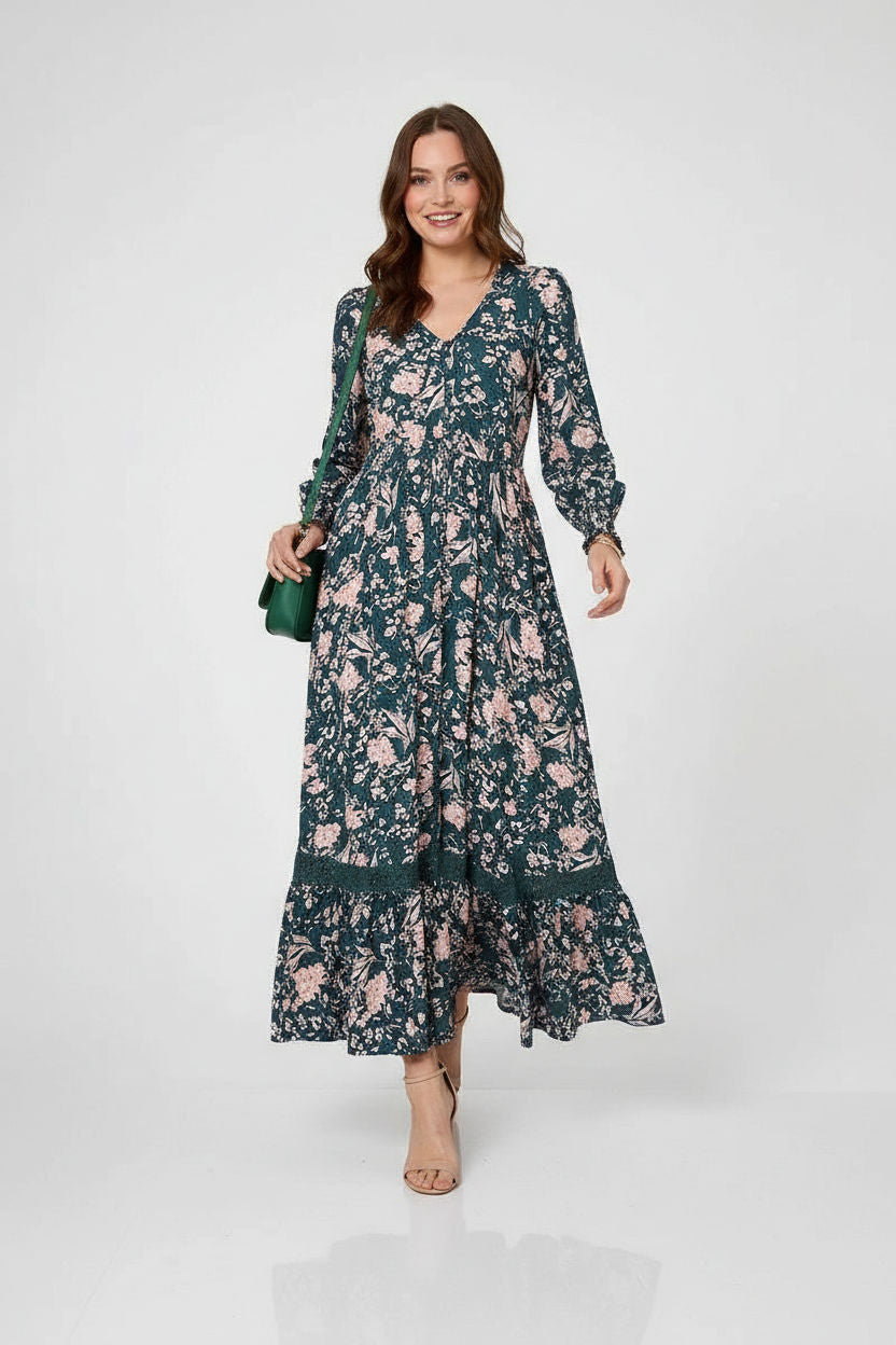Floral Print V-Neck Maxi Dress
