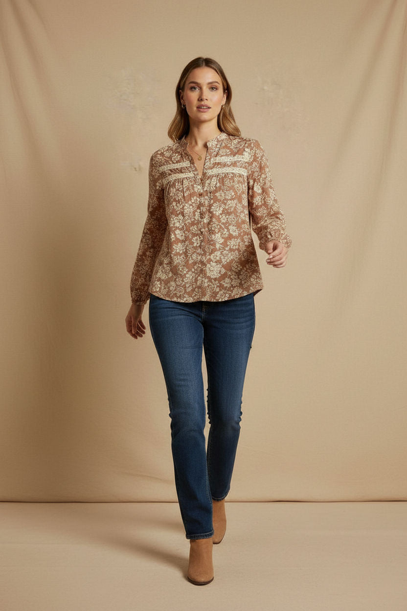 Printed Button-Front Blouse in Beige