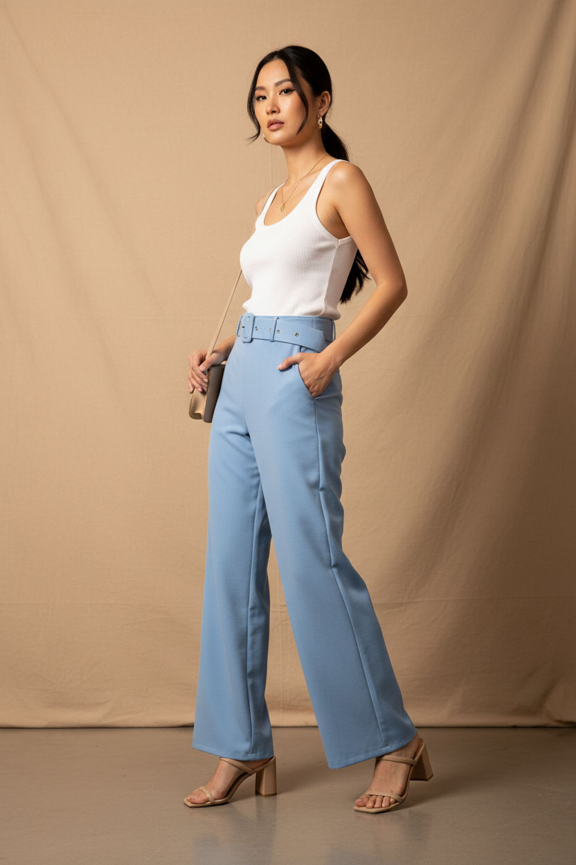 Maggie Stretch Wide Leg Belt Trouser in Sky Blue