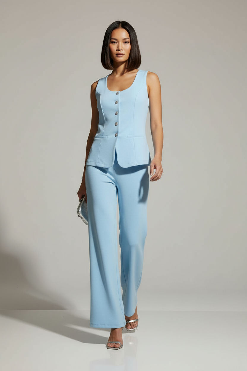 Two Piece Vest and Wide-Leg Pants Set in Baby Blue