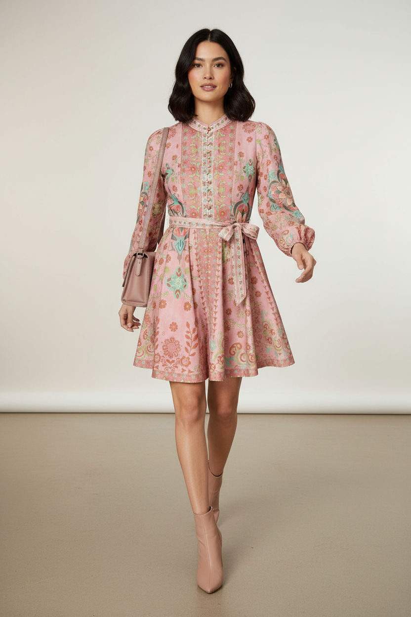 Printed Tie-Waist Mini Dress