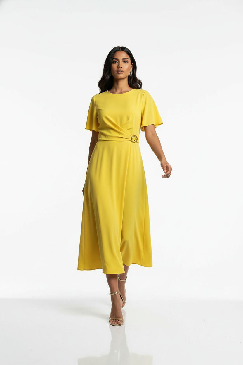 Faux-Wrap Midi Dress with Side Buckle