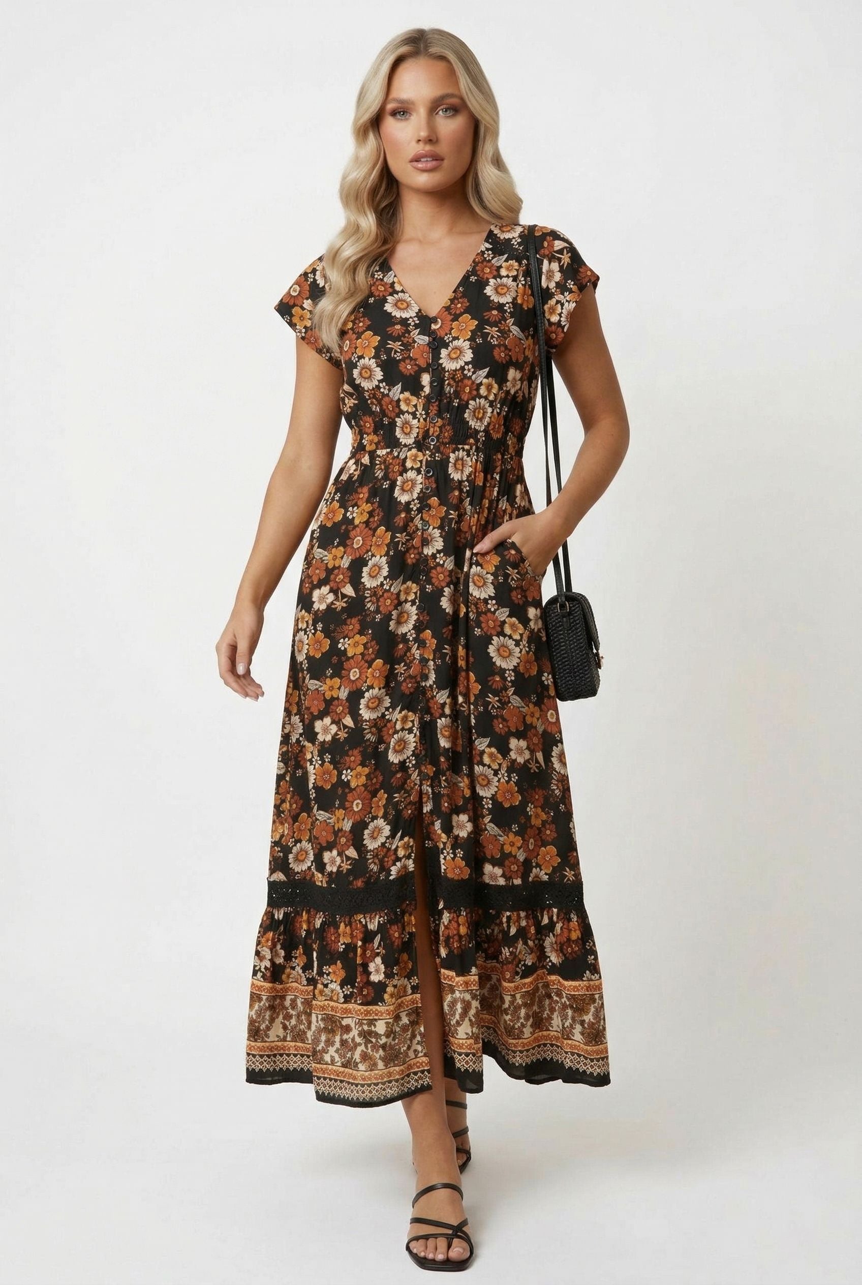 Floral Print V-Neck Maxi Dress