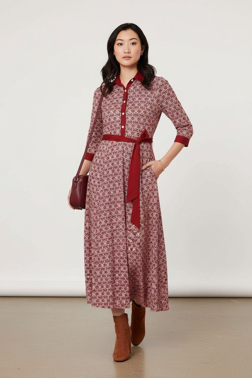 Printed 3/4 Sleeve Tie Waist Maxi Dress in Pink