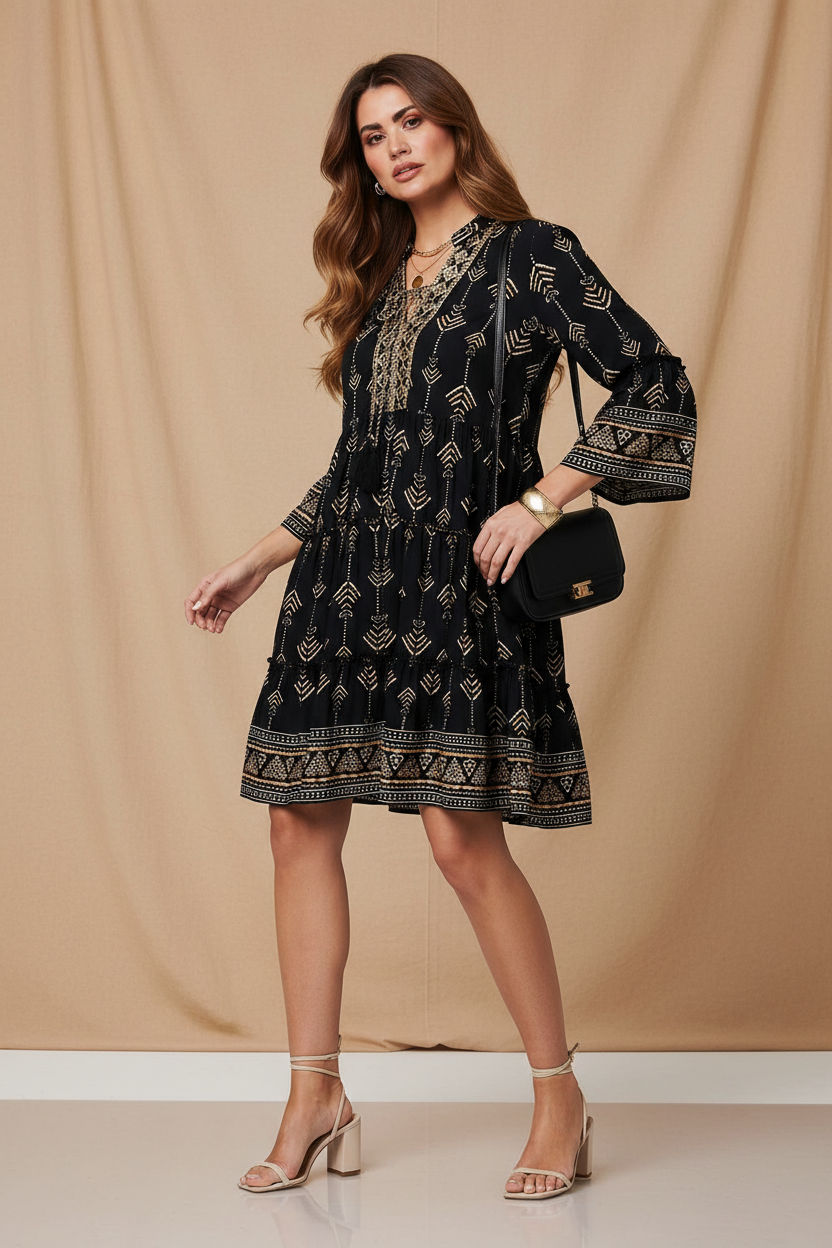 Printed Tiered Mini Dress in Black