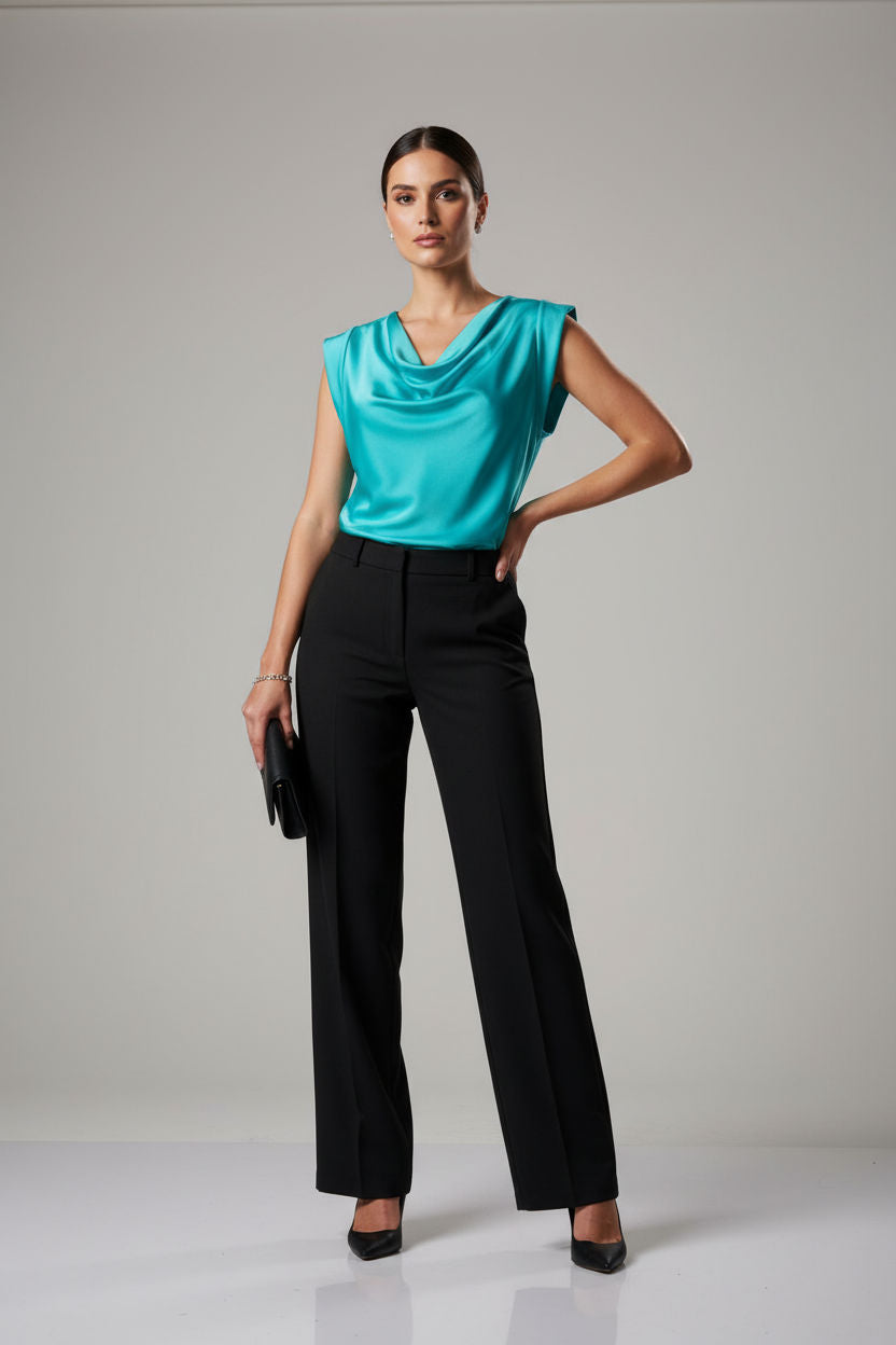Satin Cowl Neck Cap Sleeve Top