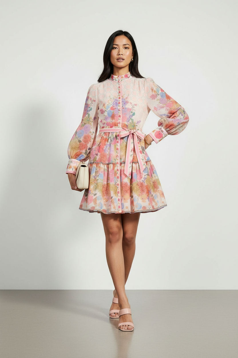 Floral Tiered Mini Shirt Dress