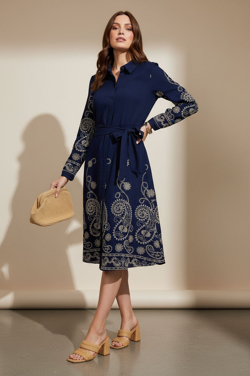 Embroidered Tie-Waist Shirt Dress