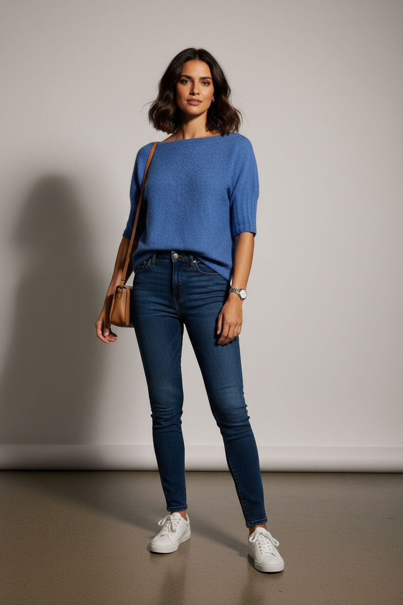 Boat Neck Short Sleeve Knit Sweater in Cornflower Blue