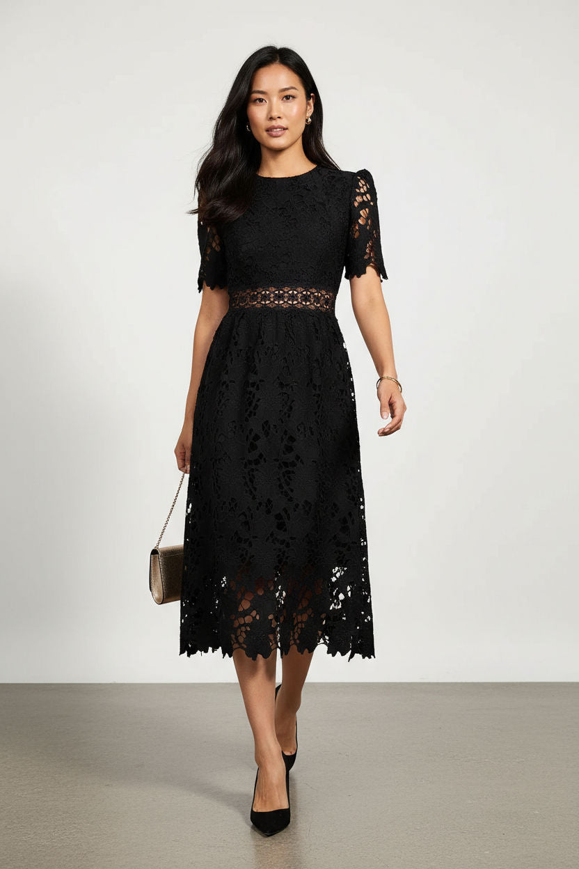 Floral Lace Midi Dress in Black