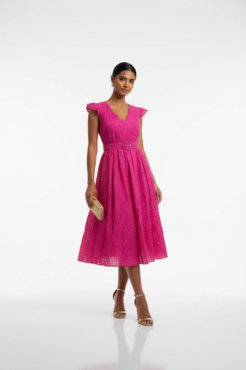 Eyelet V-neck Midi Dress in Pink
