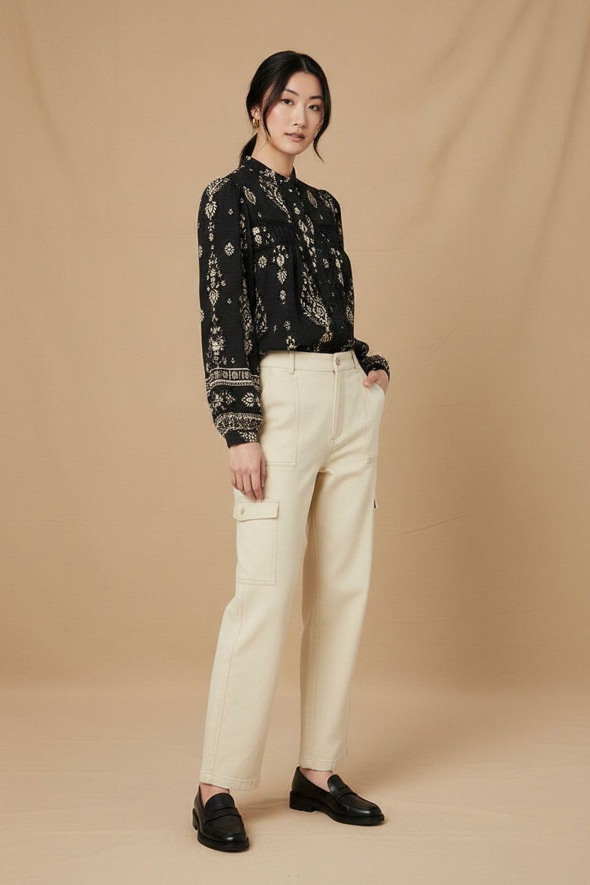 Printed Lace Trim Long Sleeve Blouse in Black