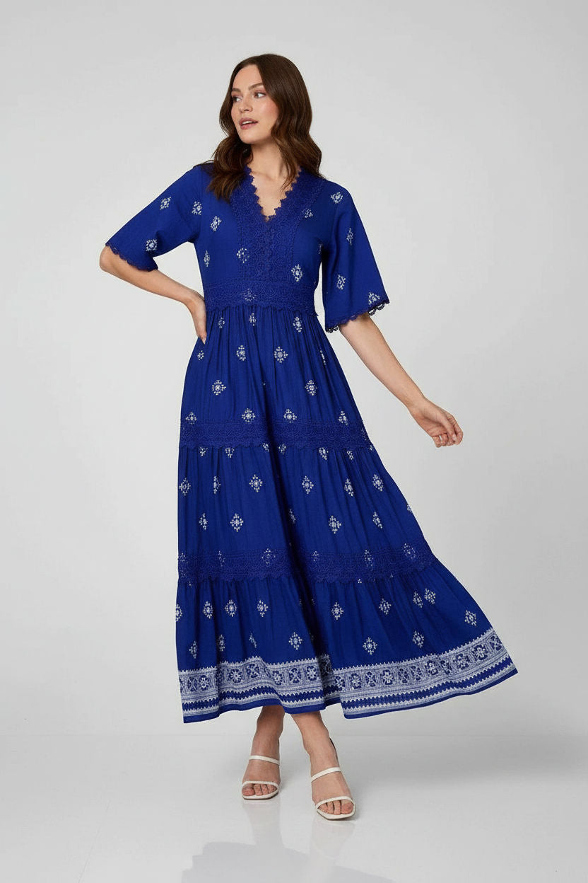 Embroidered Lace Trim Tiered Maxi Dress
