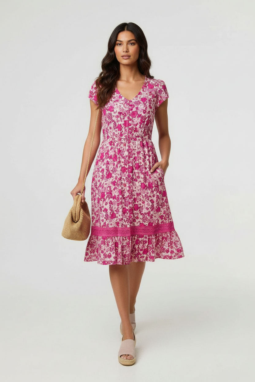 Floral V-Neck Button-Front Midi Dress