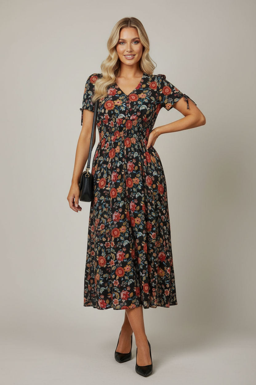 Smocked Floral Midi Dress