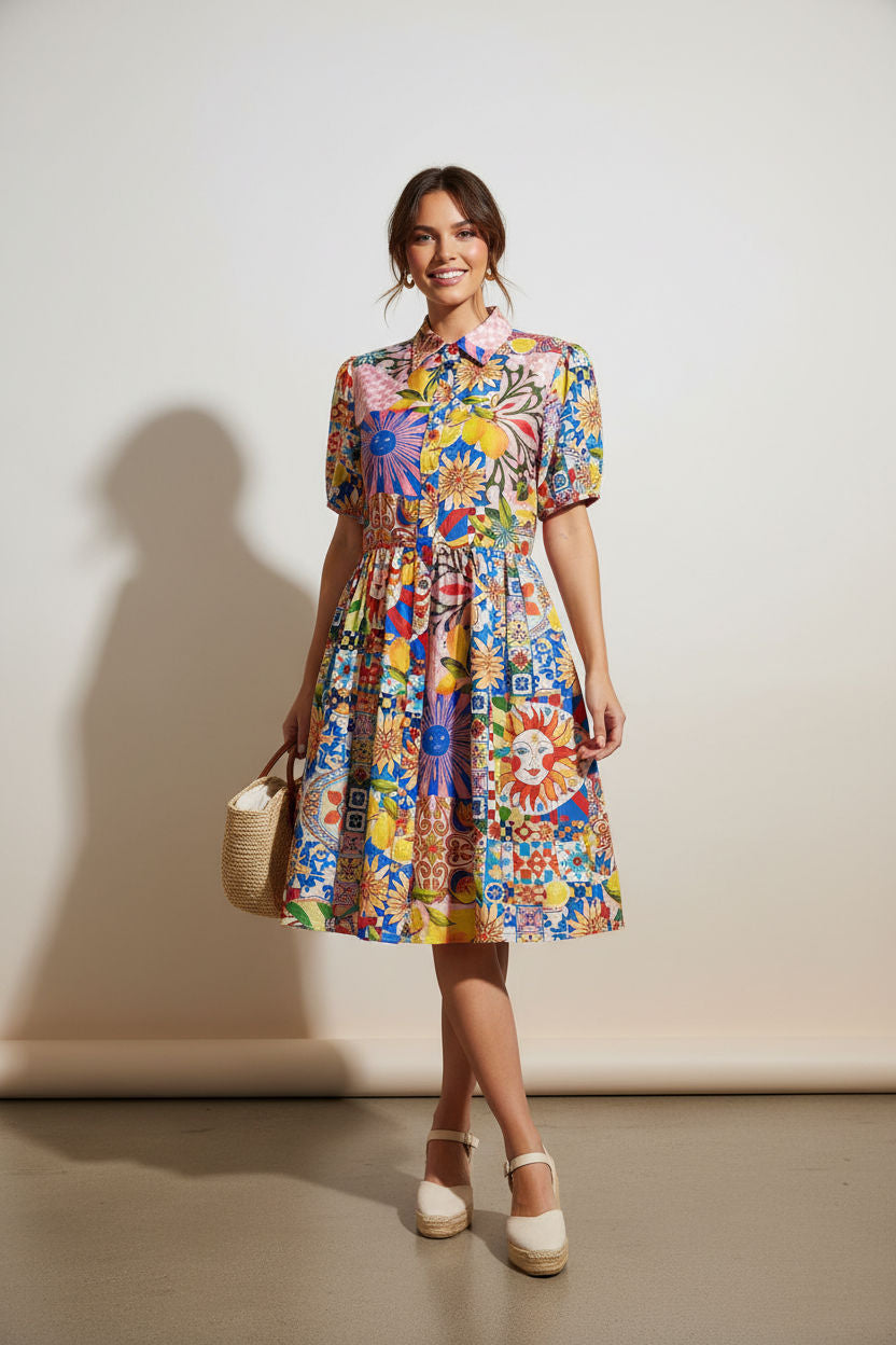 Patchwork Print Button-Down Shirt Dress